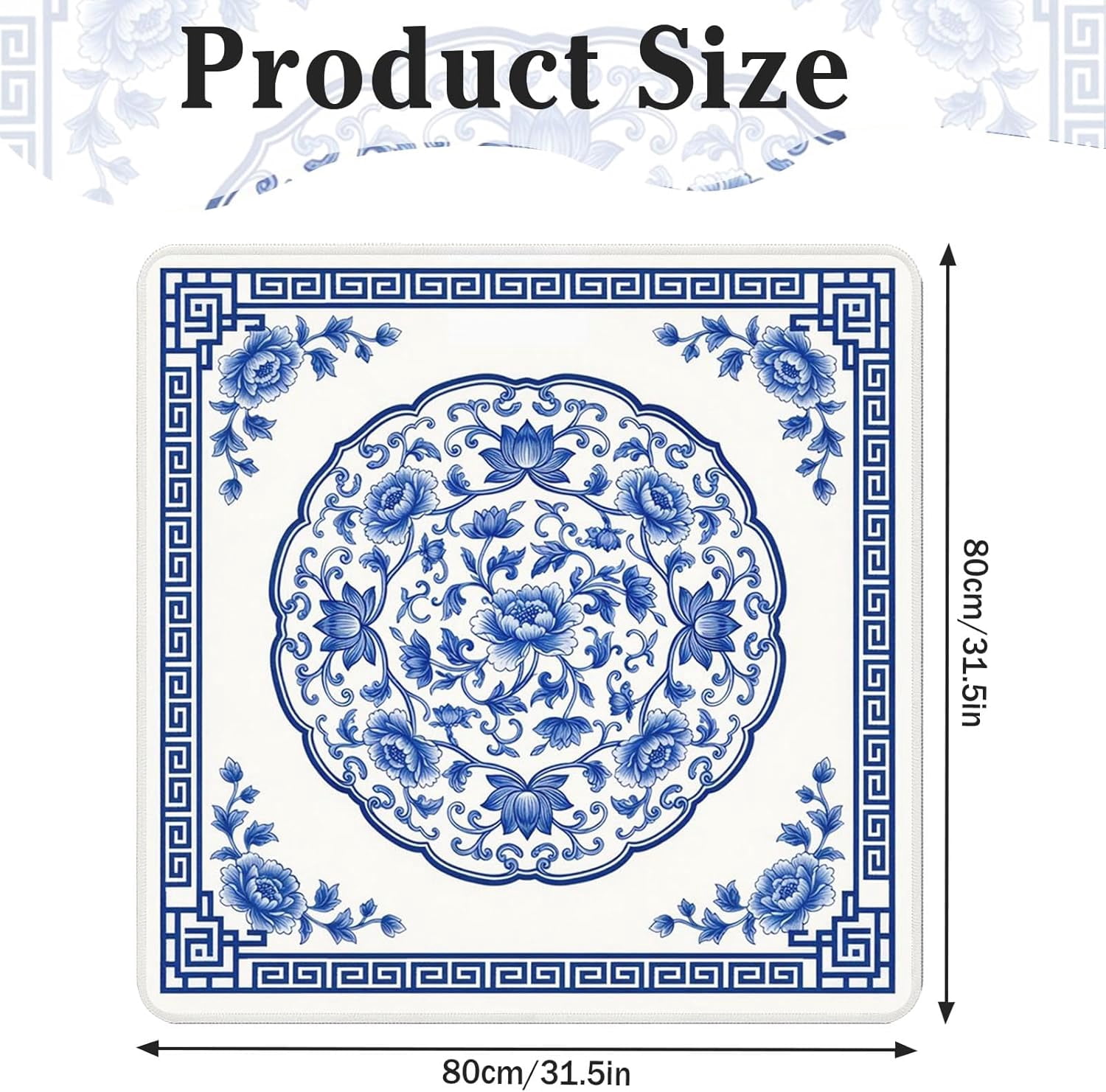 Mahjong Mat with Black Carrying Bag Floral Blue Oriental Non-Slip Noise Reduction Gaming Mat 31.5" x 31.5" Rubber Multi Purpose Game Table Cover for Mahjong Card Dominoes Board Tile Games