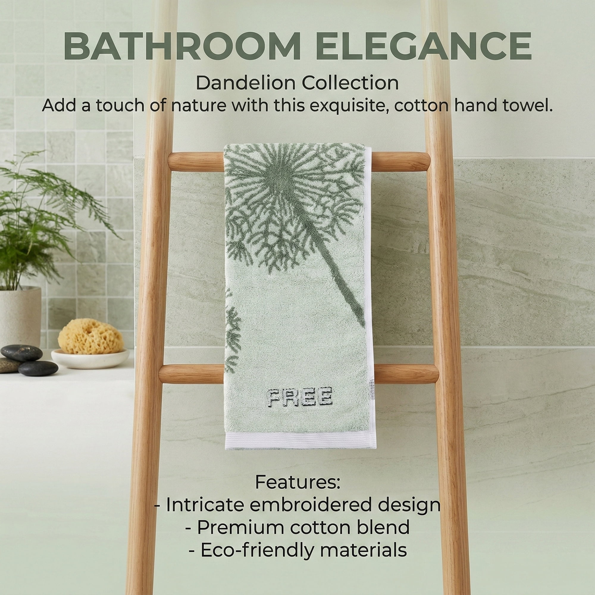Unique Bargains Pure Cotton Absorbent Hand Towels with Dandelion Pattern Green 2pk