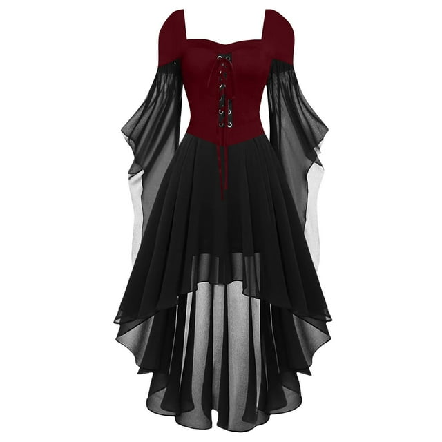 Dsscvnef Robe de Cour pour Femmes Robes pour Femmes Grande Taille Mode Style Gothique Robe Midi Croset Manches Longues Évasées Robe Longueur Irrégulière Robe Manches Courtes Robe en Chiffon Bottes Chemises en Cuir pour Femmes 4TG