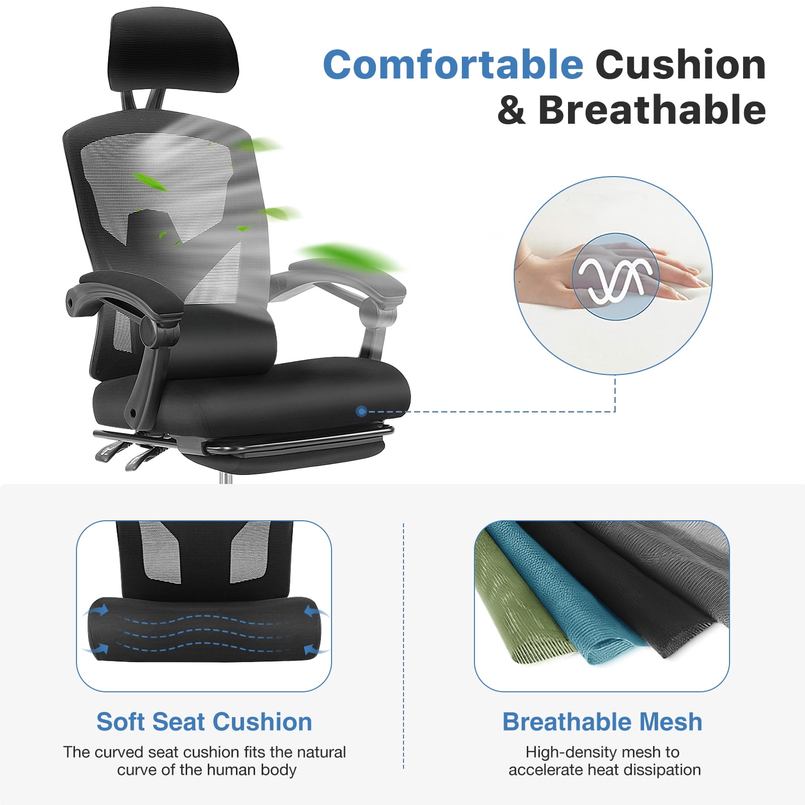 CONCETTA Ergonomic High Back Mesh Office Chair with Footrest and Armrests, Adjustable Lumbar Support, Headrest, and Reclining, Swivel Rolling Desk Chair for Home and Computer Tasks, Black