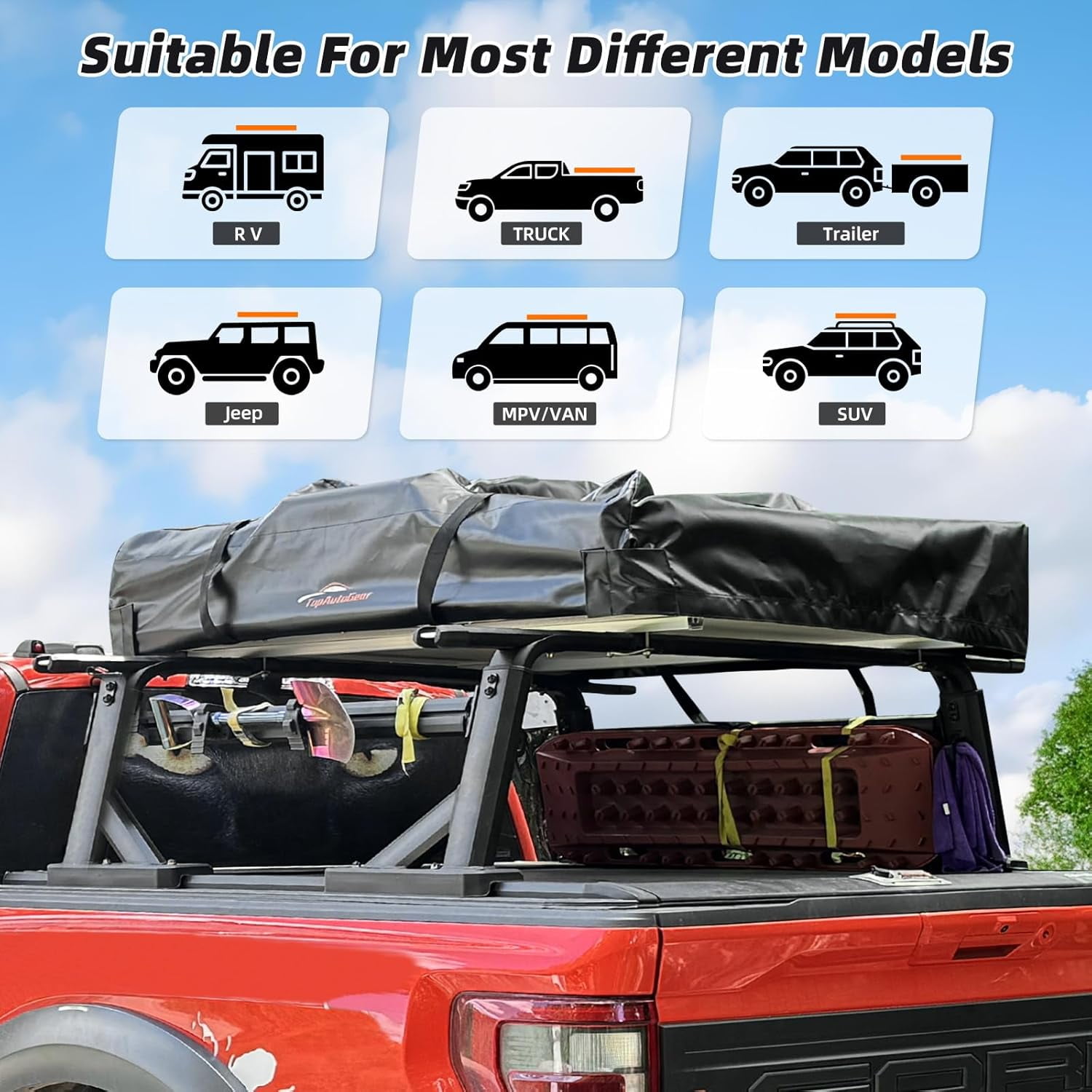 Rooftop Tent, 800D High Density Rip-Stop Waterproof with Telescopic Ladder Thick Mattress & LED Strip Light, 2-3 Person Family Camping roof top Tent for Car Jeep SUV Truck