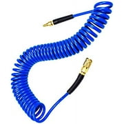 YOTOO Polyurethane Recoil Air Hose 1/4"x25' Flexible with Bend Restrictor, Quick Coupler and Plug, Blue