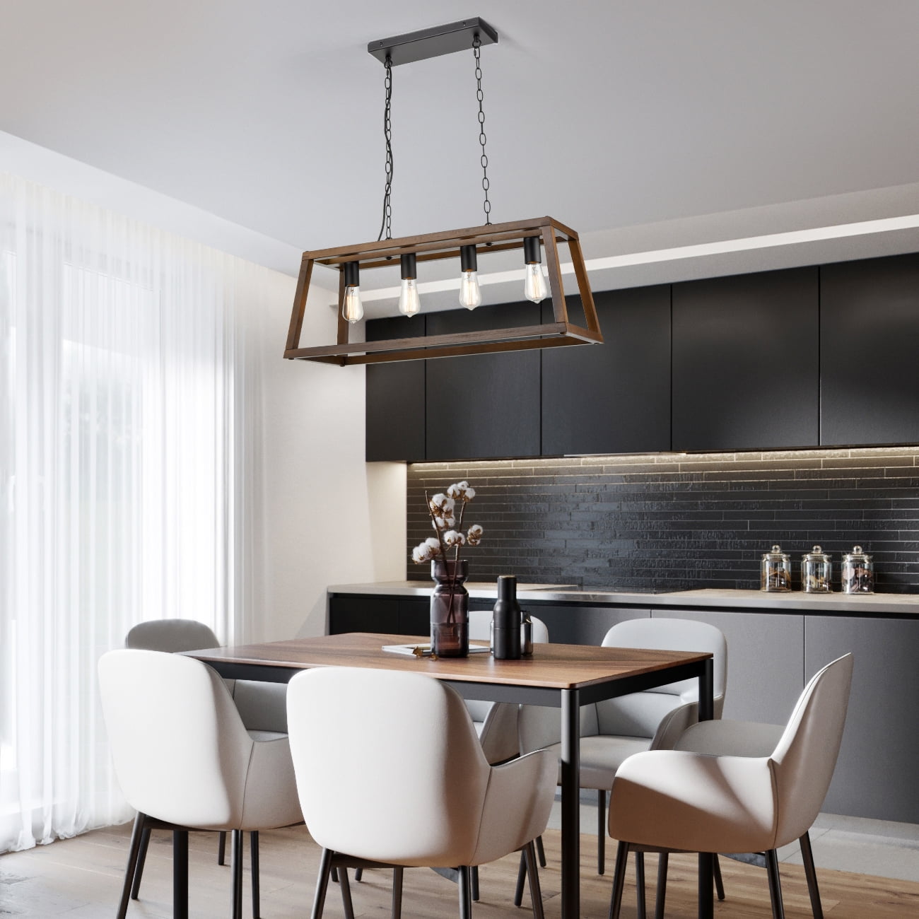 Light Society Walnut Wood Bristol Pendant Lamp Chandelier with Metal Chain Modern Industrial Style