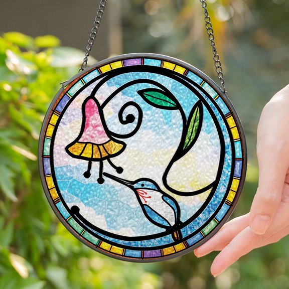 Lotusprinthandmade Hummingbird With Floral Stained Glass Suncatcher for Window Hanging Cir6in, Colorful Nature Bird and Floral Home Decor Gift