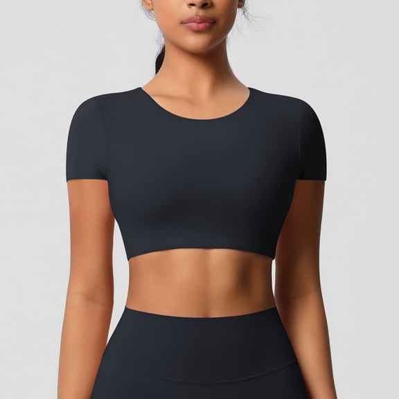 QUNYINEY T Shirts for Women Crew Neck Solid Short Sleeve Casual Tops Yoga Slim Quick Dry Workout Crop Shirts