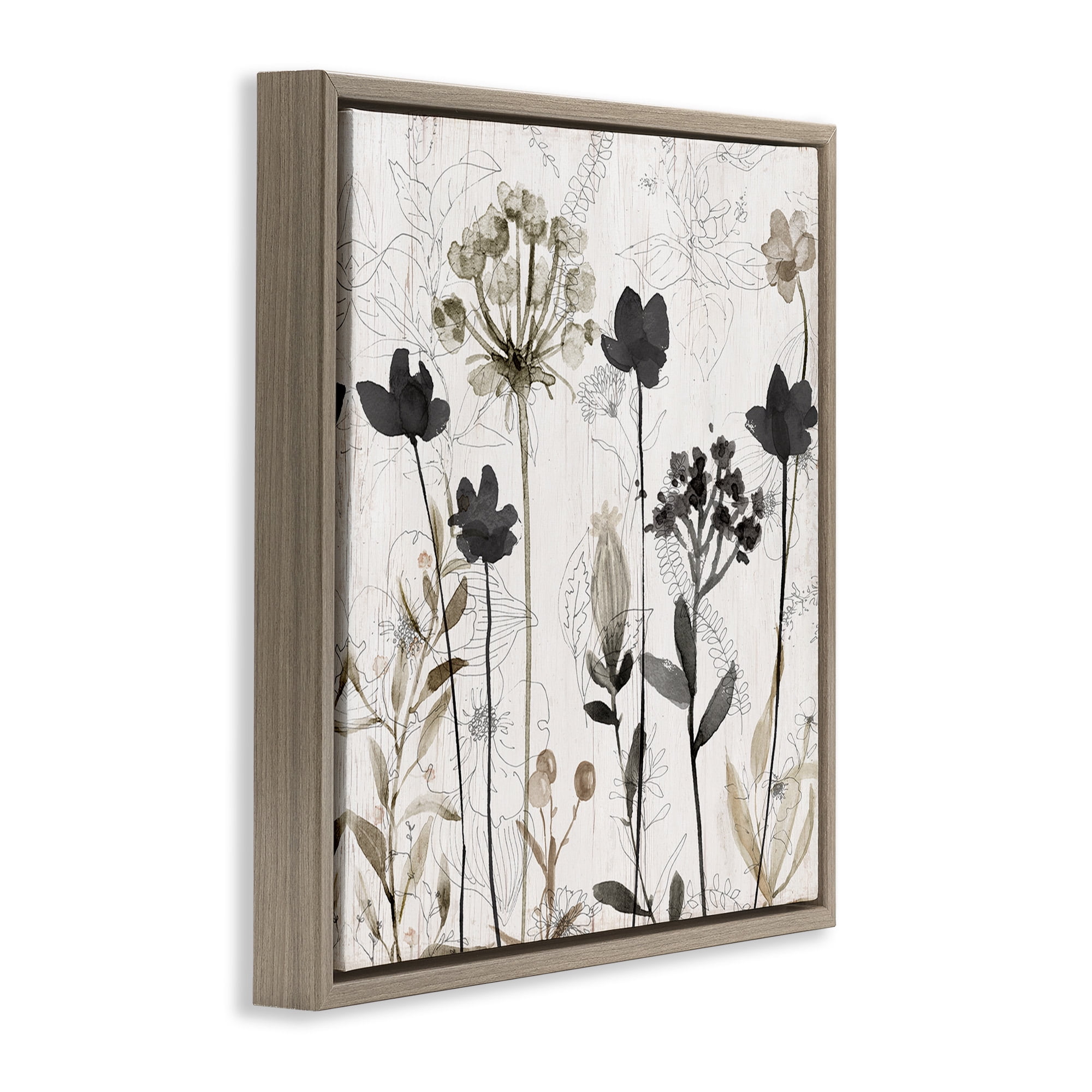 Stupell Industries Abstract Overlapping Flower Sprigs Botanical & Floral Painting Brown Floater Framed Canvas Art Print Wall Art, 18 x 18
