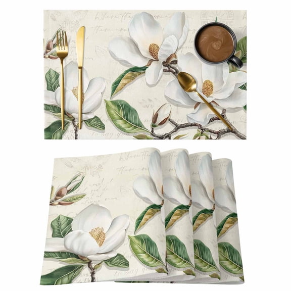 Magnolia Flower Placemats Set of 1, Green Leaf Non-Slip Place Mats Washable Table Mats for Kitchen Dining Table Decorations Indoor/Outdoor