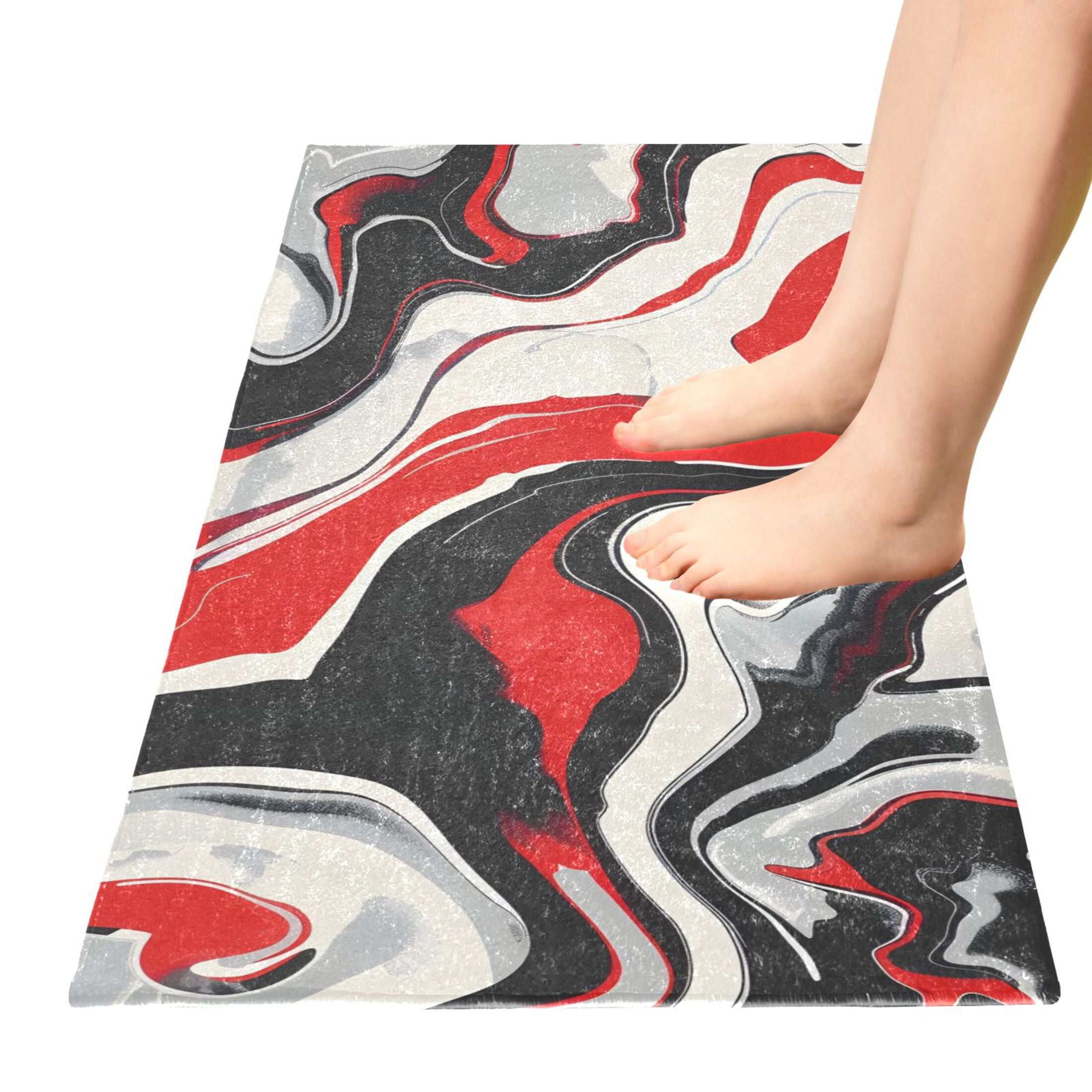 Bath Mat Soft Plush Non-Slip Absorbent Bathroom Rugs 39"x20" Red Black Liquid Marble