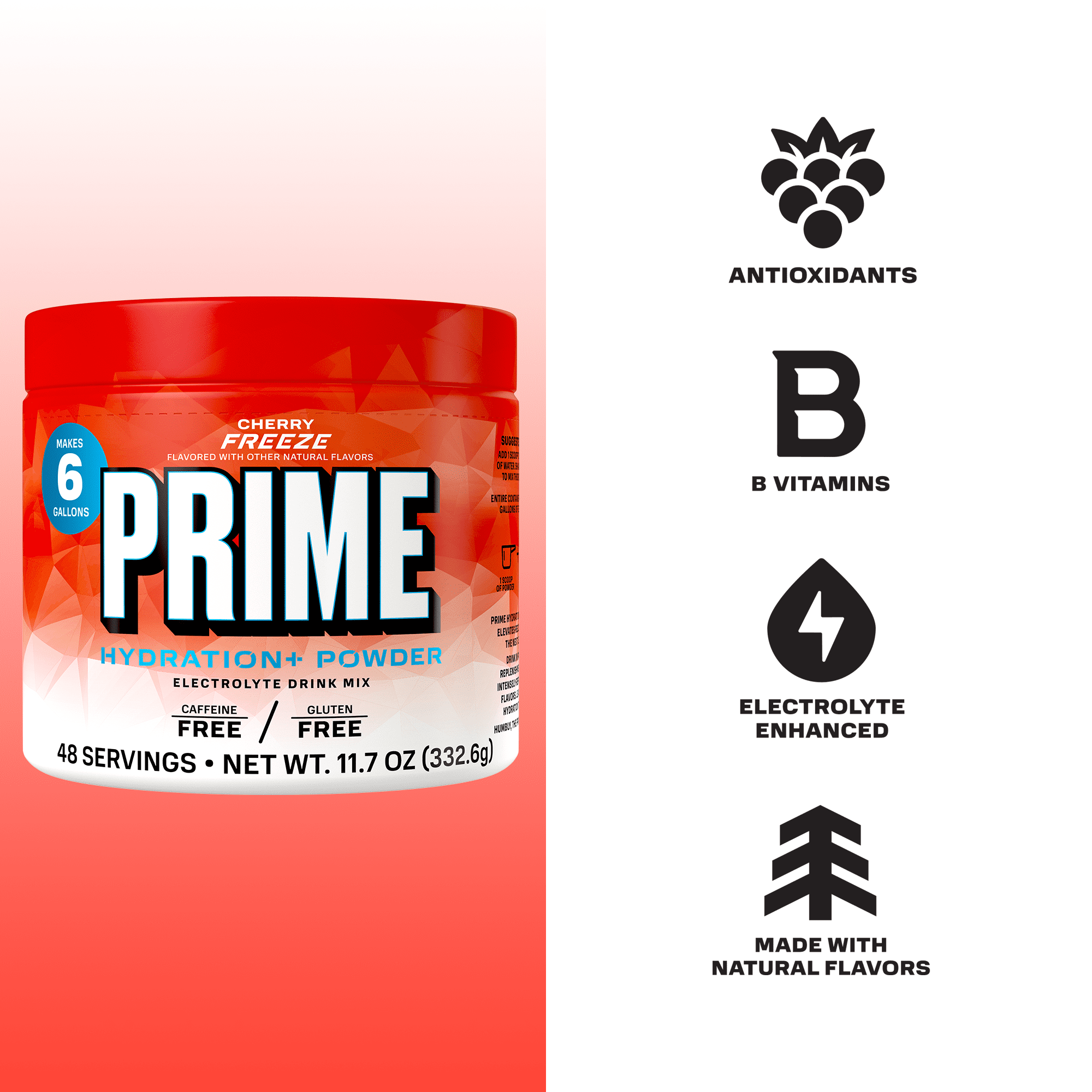 PRIME Hydration+ Cherry Freeze Electrolyte Powder, Sugar Free, 6 Gallon Tub