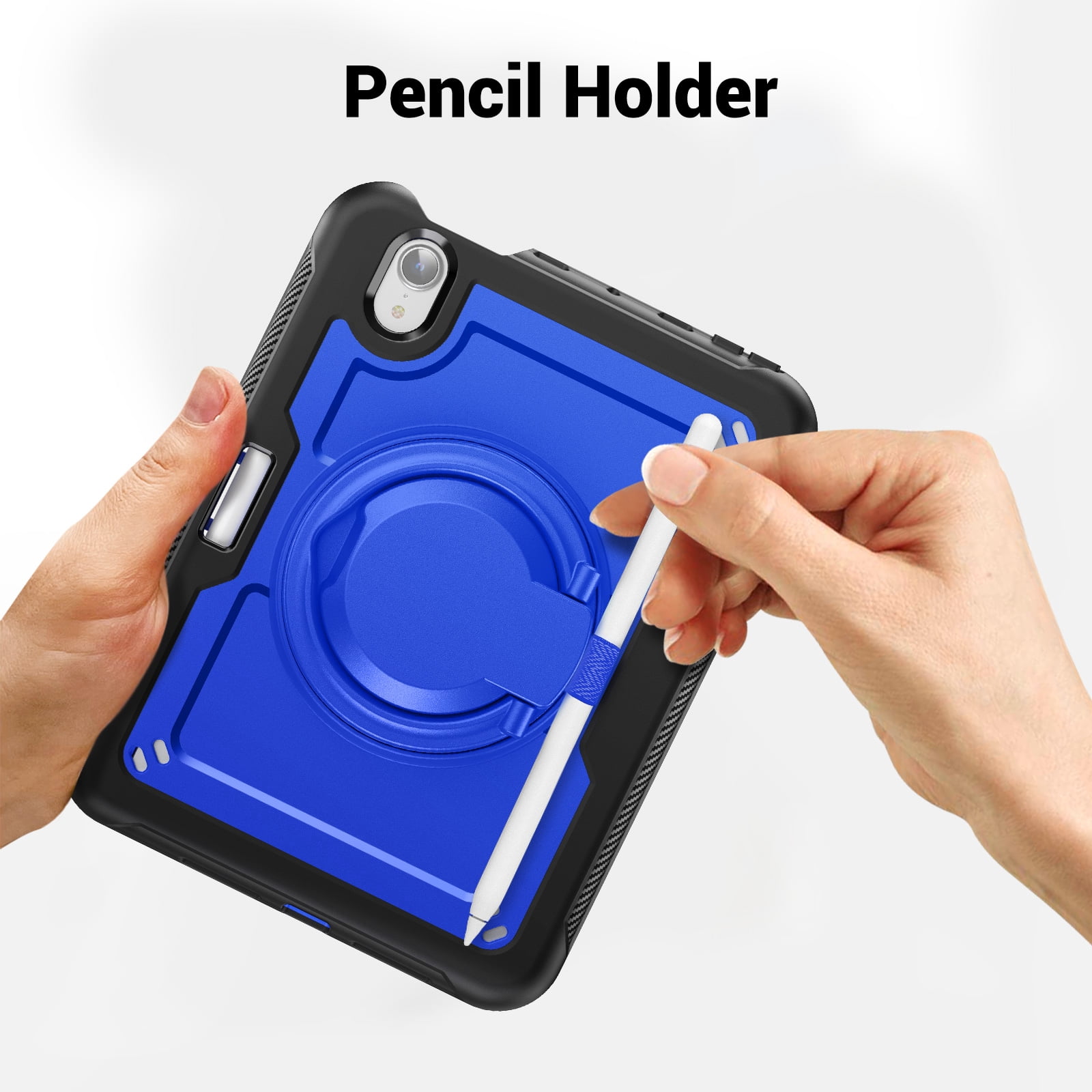 Shockproof Case for Apple iPad Mini 6th 7th Generation 8.3 Inch, Rugged Hybrid Protective Cover with Pencil Holder & Shoulder Strap Kids Friendly Rotating Kickstand Case for iPad Mini 6 7,Darkblue
