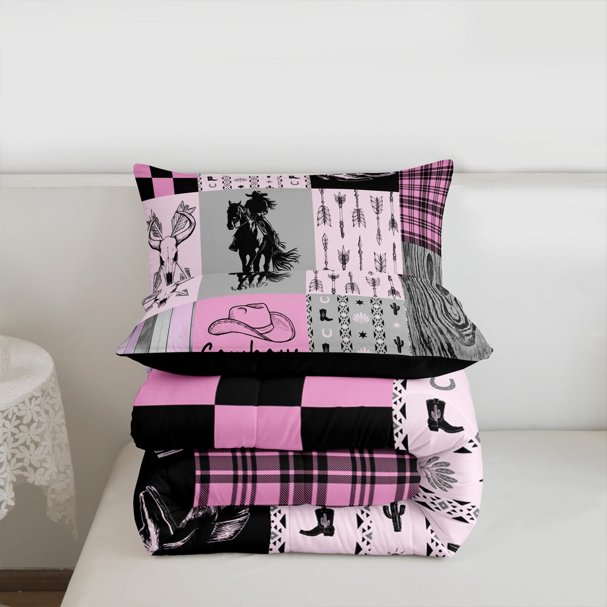 Full Size Comforter Set Western Cowgirl Bedding Sets Wild West Bull Horse Quilt Set For Teen Women Country Farmhouse Buffalo Plaid Bed Comforter Set 2 Pillow Cases Room Decor