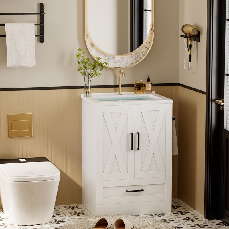 Vineego 24" Bathroom Vanity with Resin Sink, Freestanding Wood Vanity Cabinet with 2 Doors & 1 Drawer, Undermount Sink Storage Cabinet, White