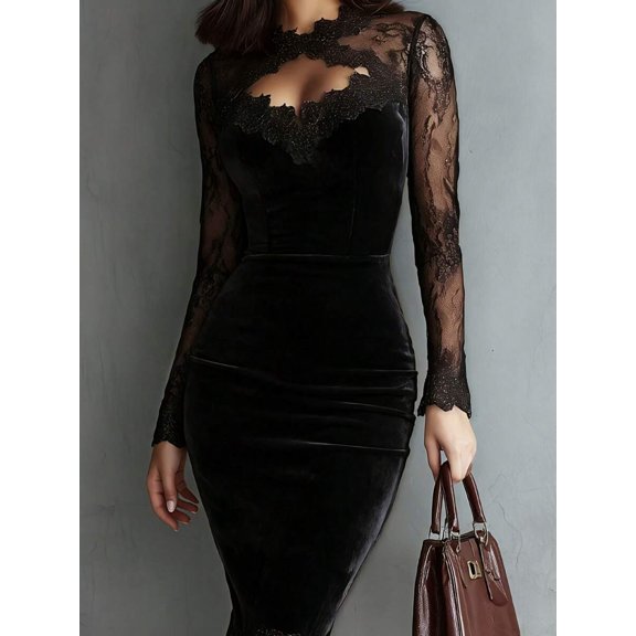 Black Velvet Bodycon Mini Dress With Long Sheer Lace Sleeves And Cutout Neckline
