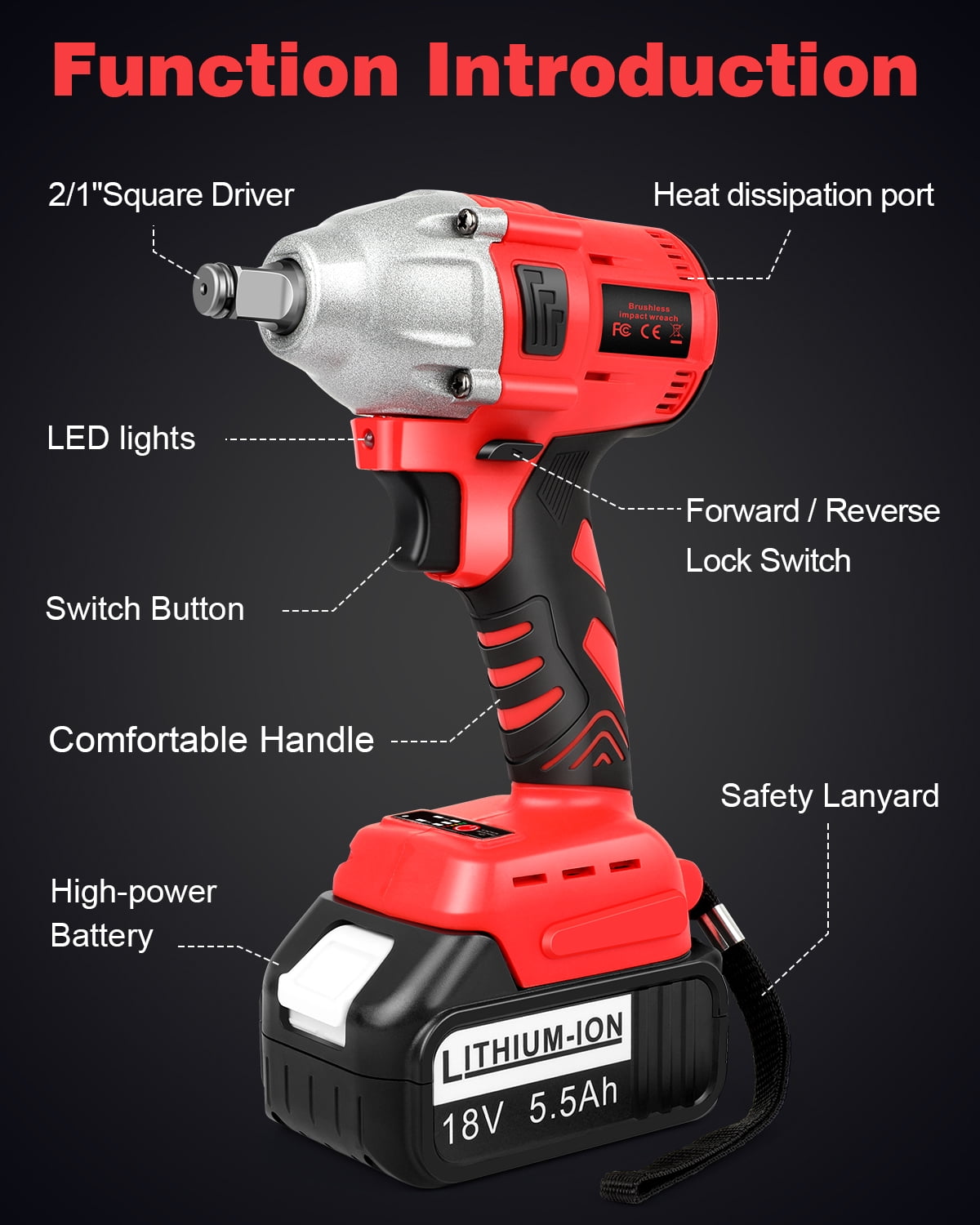 LabTEC Cordless Impact Wrench Brushless Impact Wrench 1 2 inch 650Nm 3200RPM w 2x 5.5Ah Battery High Torque Power Impact Wrench for Car Home Walmart
