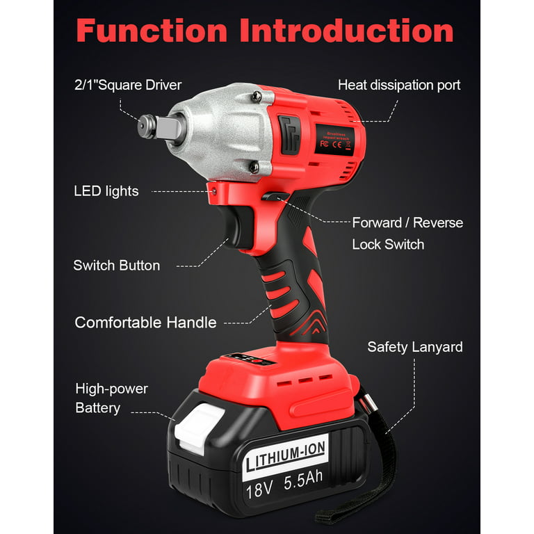 SDLSH Electric Wrench 550N.M Cordless Brushless Electric Impact Wrench,  Wrench Installation Power Tool Electric Wrench Drill (Color : Red)
