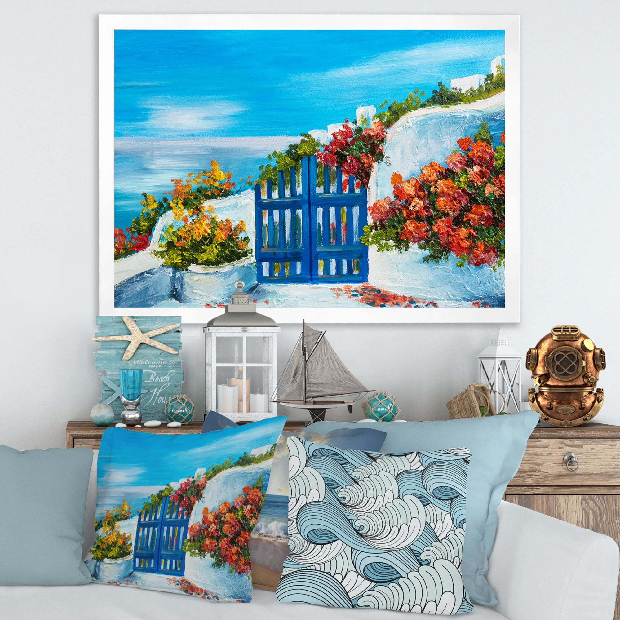 Designart 'House With Colorful Flowers Near The Sea III' Nautical & Coastal Framed Art Print