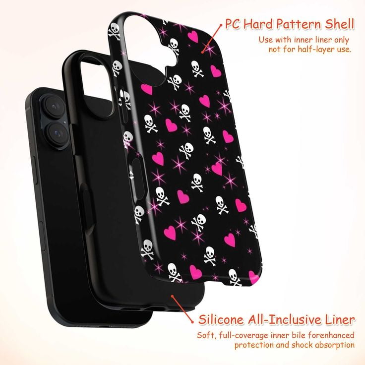 Y2K Skull and Hearts Phone Case, Black Emo Punk Rock Protective Cover with  Pink Stars, Cute Gothic Grunge iPhone Case for iPhone 17 16 15 14 13 12 11  Pro Plus Mini - Walmart.com