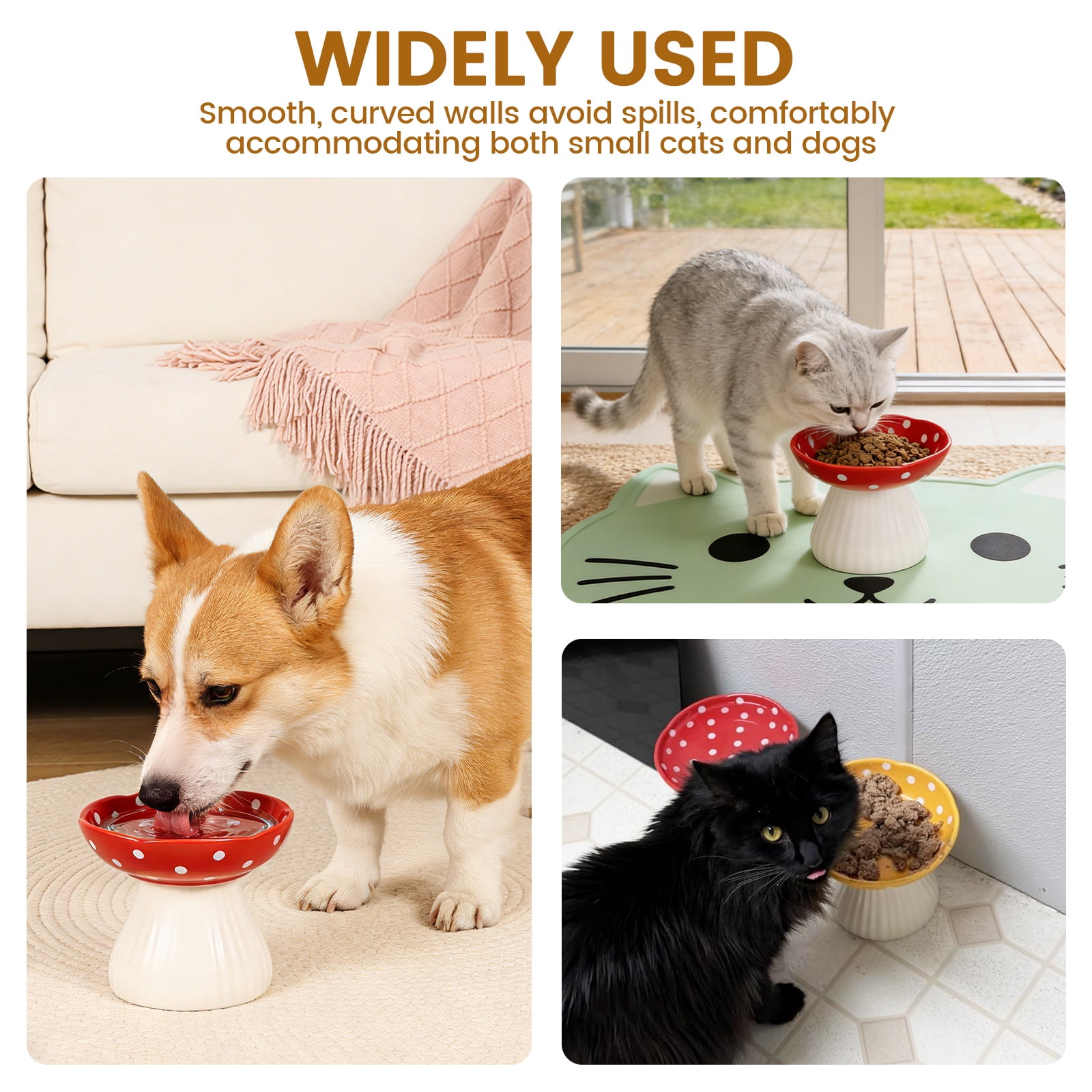Threns Mushroom Cat Bowl,Whisker Fatigue Cat Bowl,Cute Cat Bowls,Elevated Cat Food Bowl, Lead & Cadmium Free Ceramic Cat Bowls for Food and Water,(Red+Yellow)