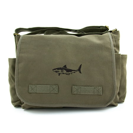 Great White Shark Silhouette Army Heavyweight Canvas Messenger Shoulder