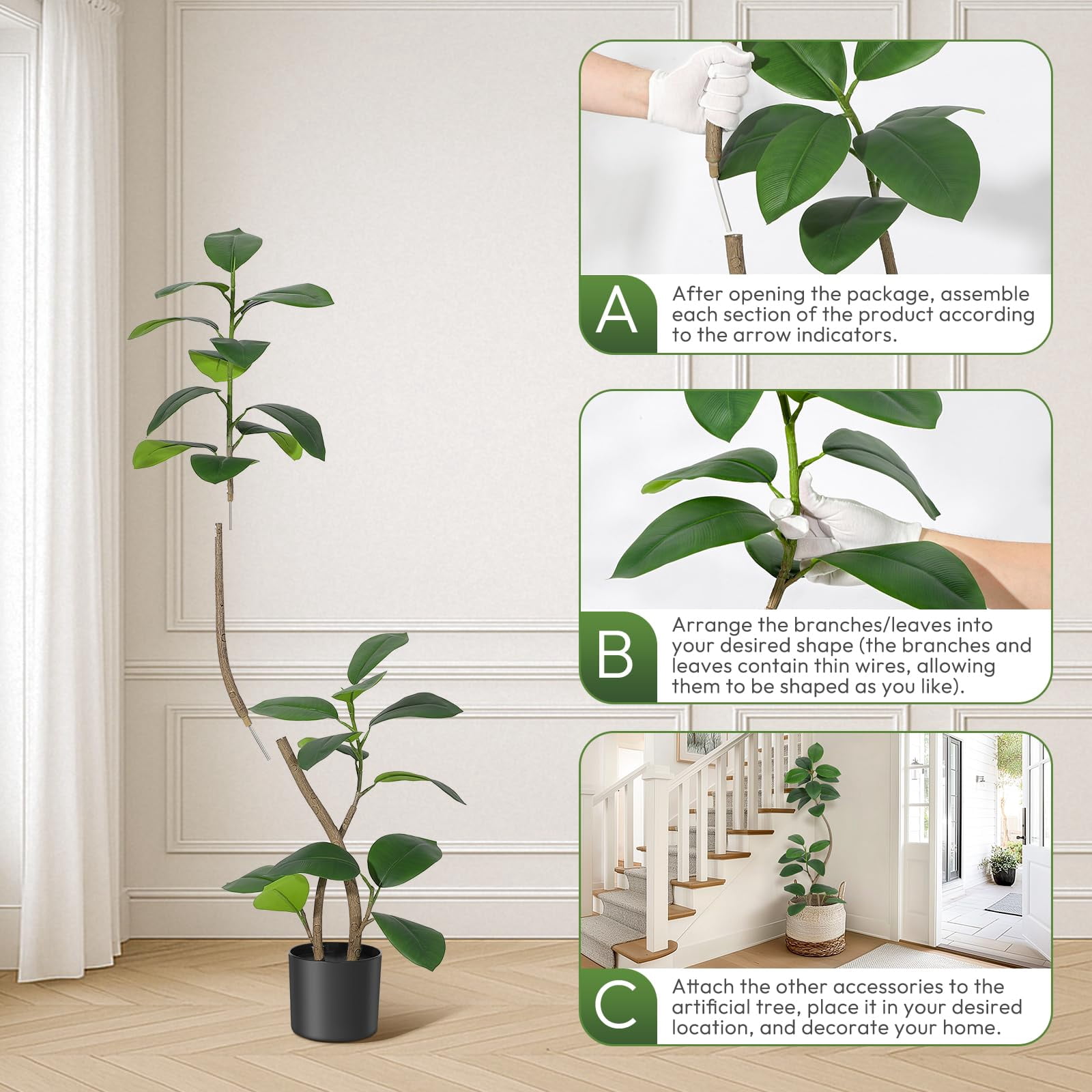 BouPower 5FT/6FT/7FT Artificial Plants Rubber Tree with Black Resin Pot& White Stone Faux Fiddle Leaf Fig Tree Indoor Artificial Trees Tall Plant Fake Tree Tropical Large Floor Tree Real Touch