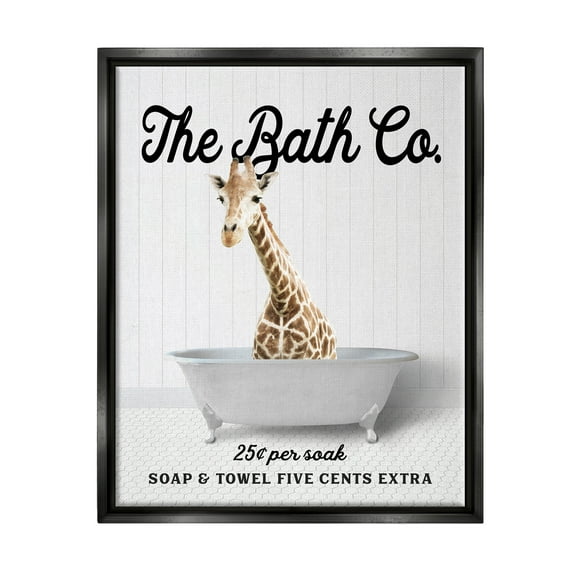 Stupell Industries Vintage Bath Ad Giraffe Animals & Insects Painting Black Floater Framed Art Print Wall Art, 17 x 21