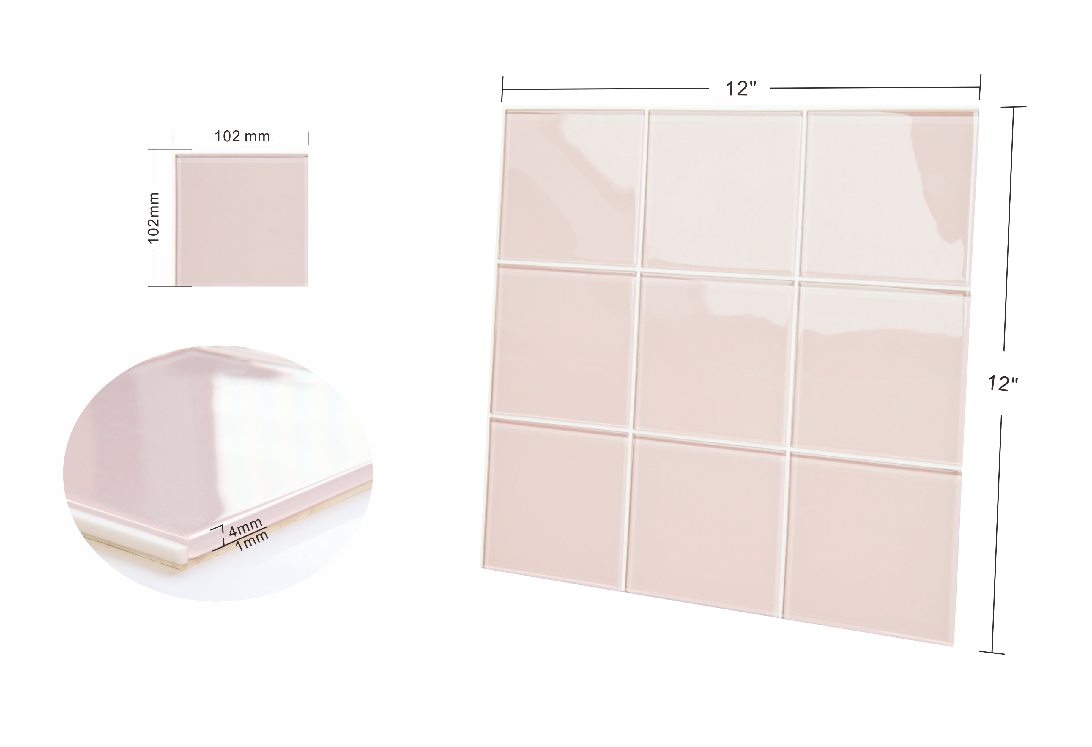 Pink Peel and Stick Glass Tile, 12'' x 12'' Square Mosaic Glass Backsplash Stick On Wall Tiles for Kitchen Bathroom (5 Sheets)