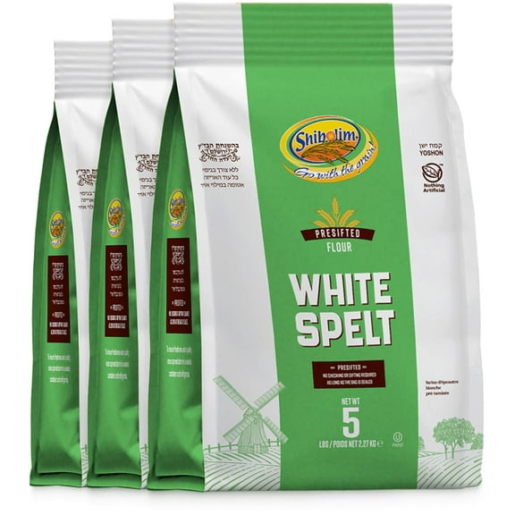 Shibolim Stone Ground White Spelt Flour, 5lb (3 Pack) | Triple Sifted Flour | 100% Whole Grain | Certified Kosher