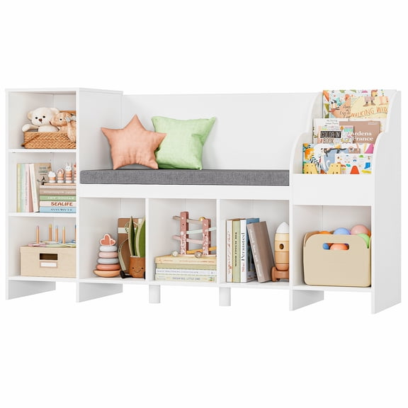 Homfa Kids Bookcase with Reading Nook, Toy Storage Organizer with Adjustable Bookshelf, 31.5'' H x 54.5'' W, White