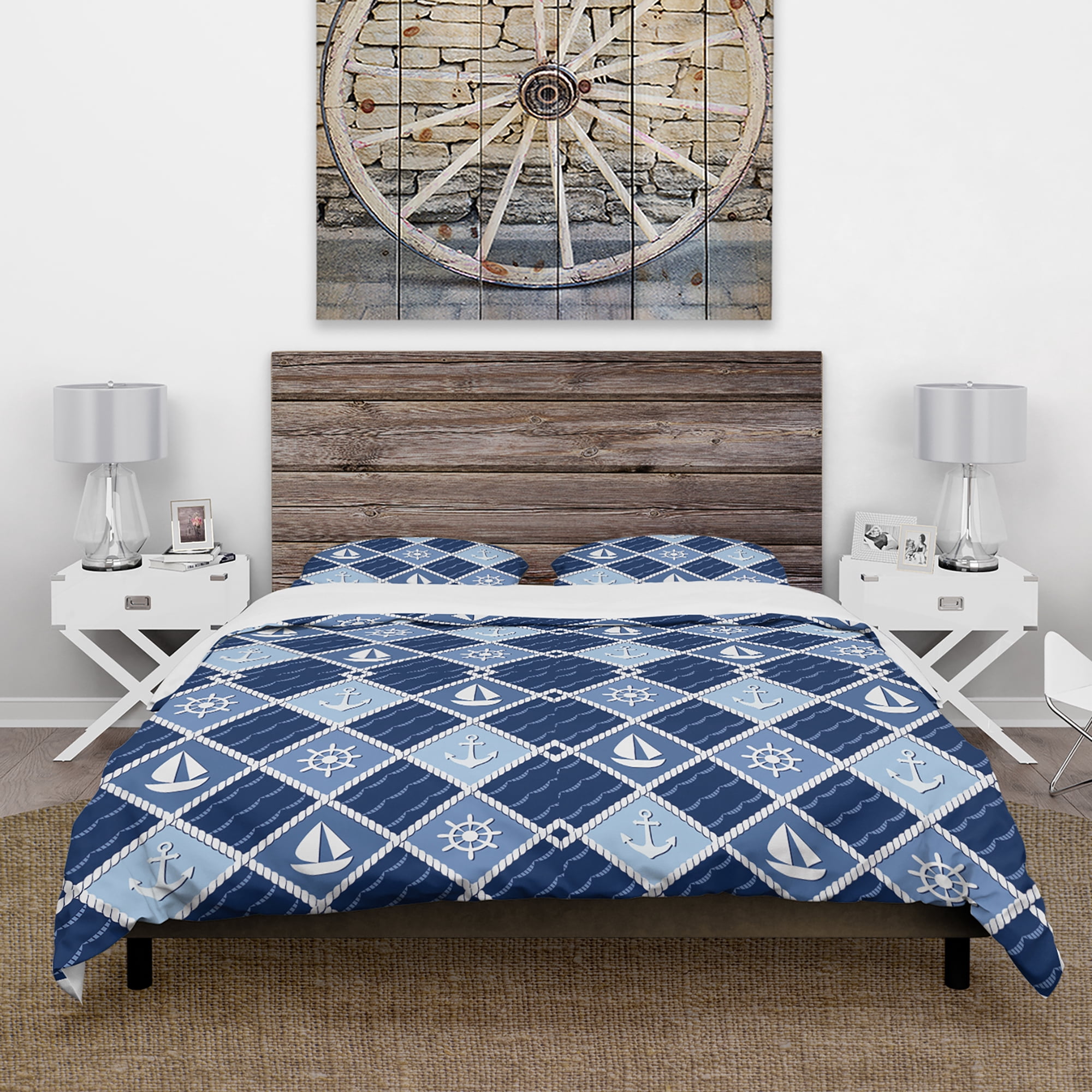 Designart 'Anchor and sailboat on blue waves' Coastal Duvet Cover Set