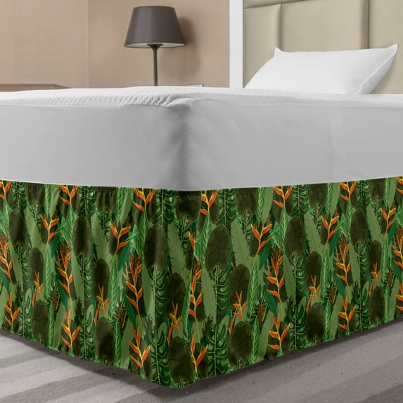 Botanical Bed Skirt, Print of Tropical Green Leaves in Jungle Exotic Forest and Foliage, Elastic Bedskirt Dust Ruffle Wrap Around for Bedding Decor, 4 Sizes, Evergreen and Olive Green, by Ambesonne