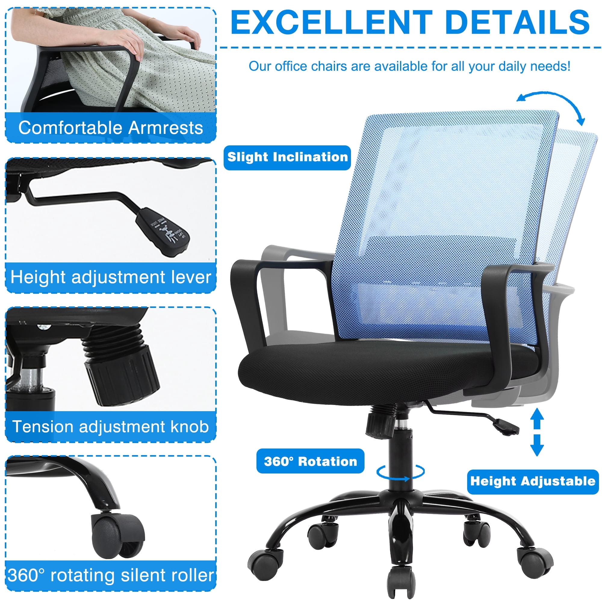 BestOffice Ergonomic Office Chair, Lumbar Support, Swivel Rolling for Men, Women(Blue)