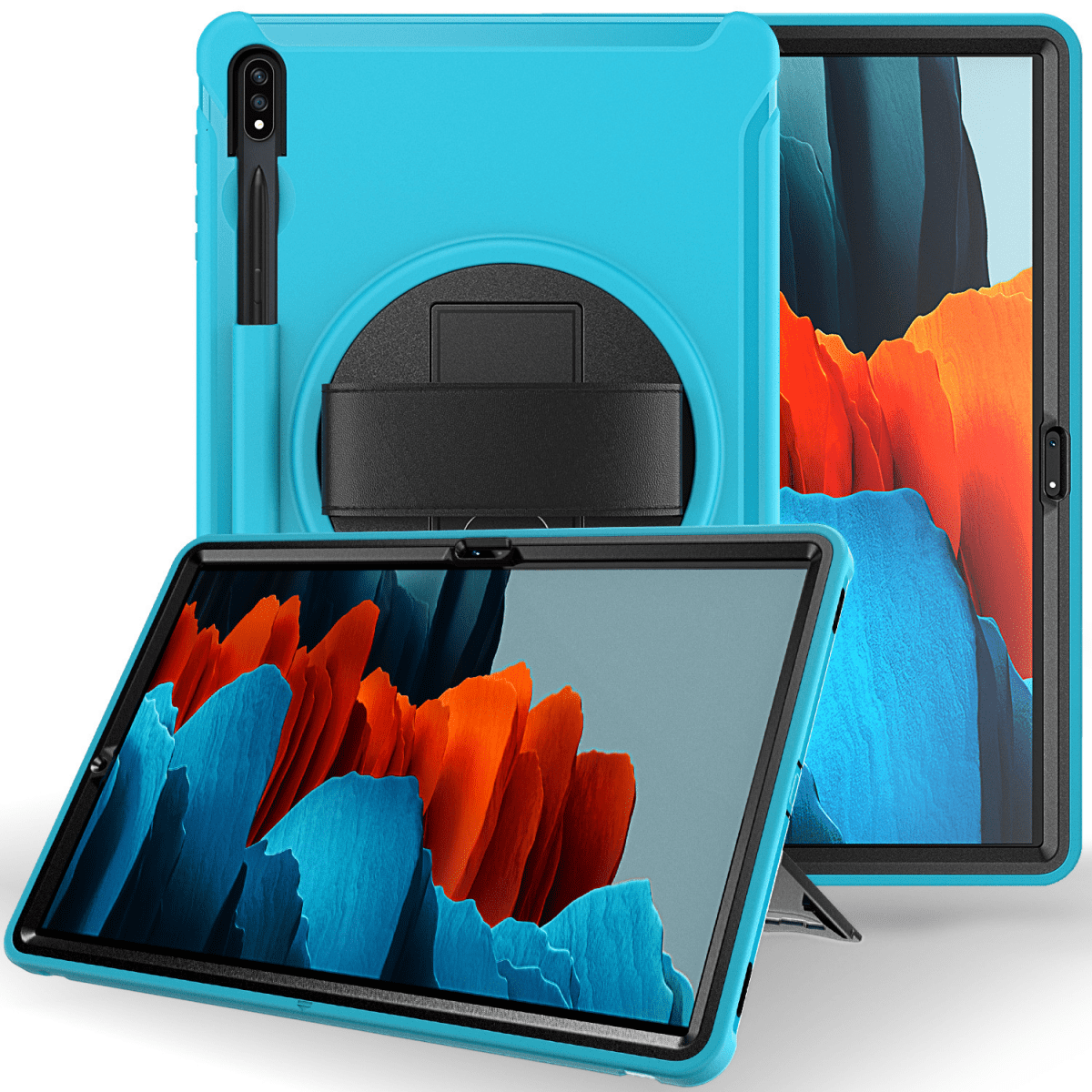For Samsung Tab S7 Plus Tablet Case TT970/T975/T976 with Pen Slot Tab S7 Swivel Stand Protective Case Light Blue