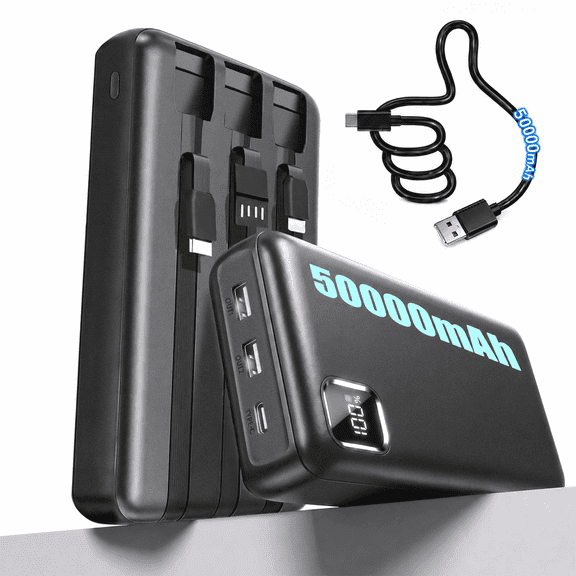 Tilnce 50000mAh Power Bank, 22.5W PD Fast Charging Portable Charger with 3 Built-in Cables and 3 Ports, High Capacity External Battery Pack for iPhone 17 16 15, Samsung, Camping