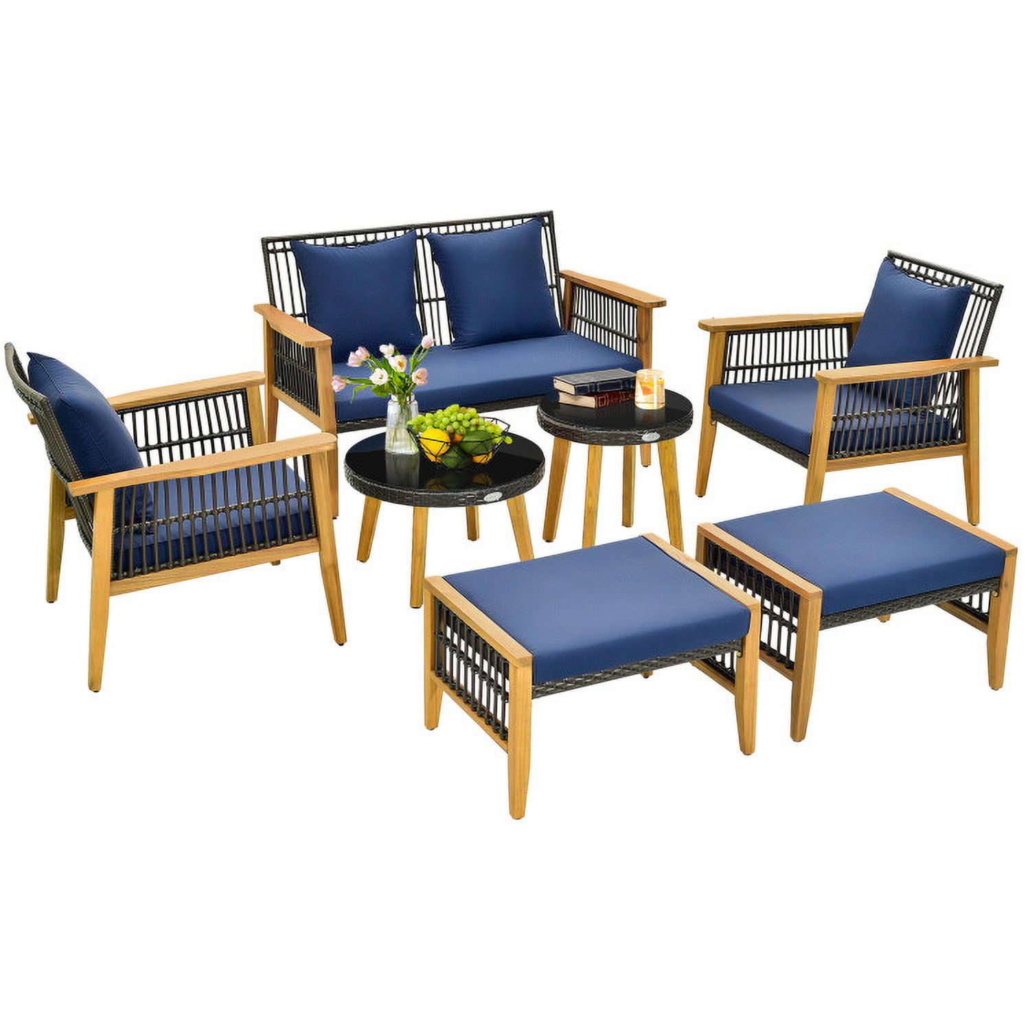 Aimee Lii 7 Piece Outdoor Conversation Set with Stable Acacia Wood Frame, Outdoor Patio Set, Navy Aimee Lii 7 Piece Outdoor Conversation Set with Stable Acacia Wood Frame, Outdoor Patio Set, Navy