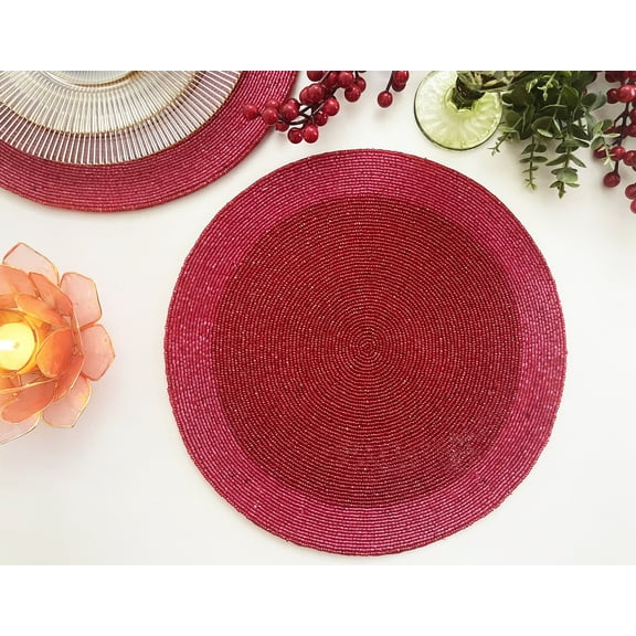Set of 6, handmade beaded placemat, pinkish red beaded tablemat, 14 inch