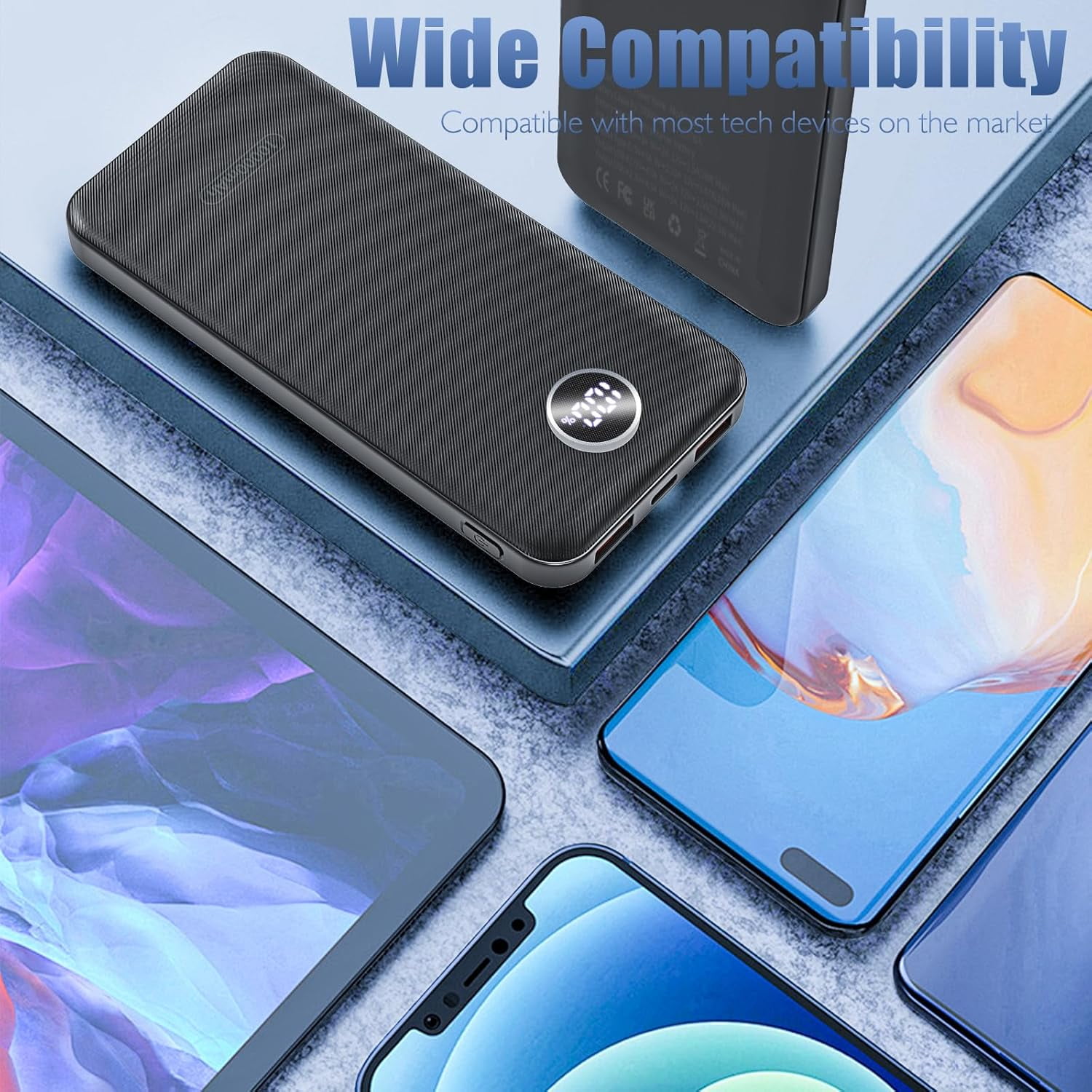 RGHJAR-Portable Charger, Compact 10000mAh Power Bank with Type-C Cable, 22.5W Fast Charging External Battery Pack with LED Digital Display for iPhone and Android Black