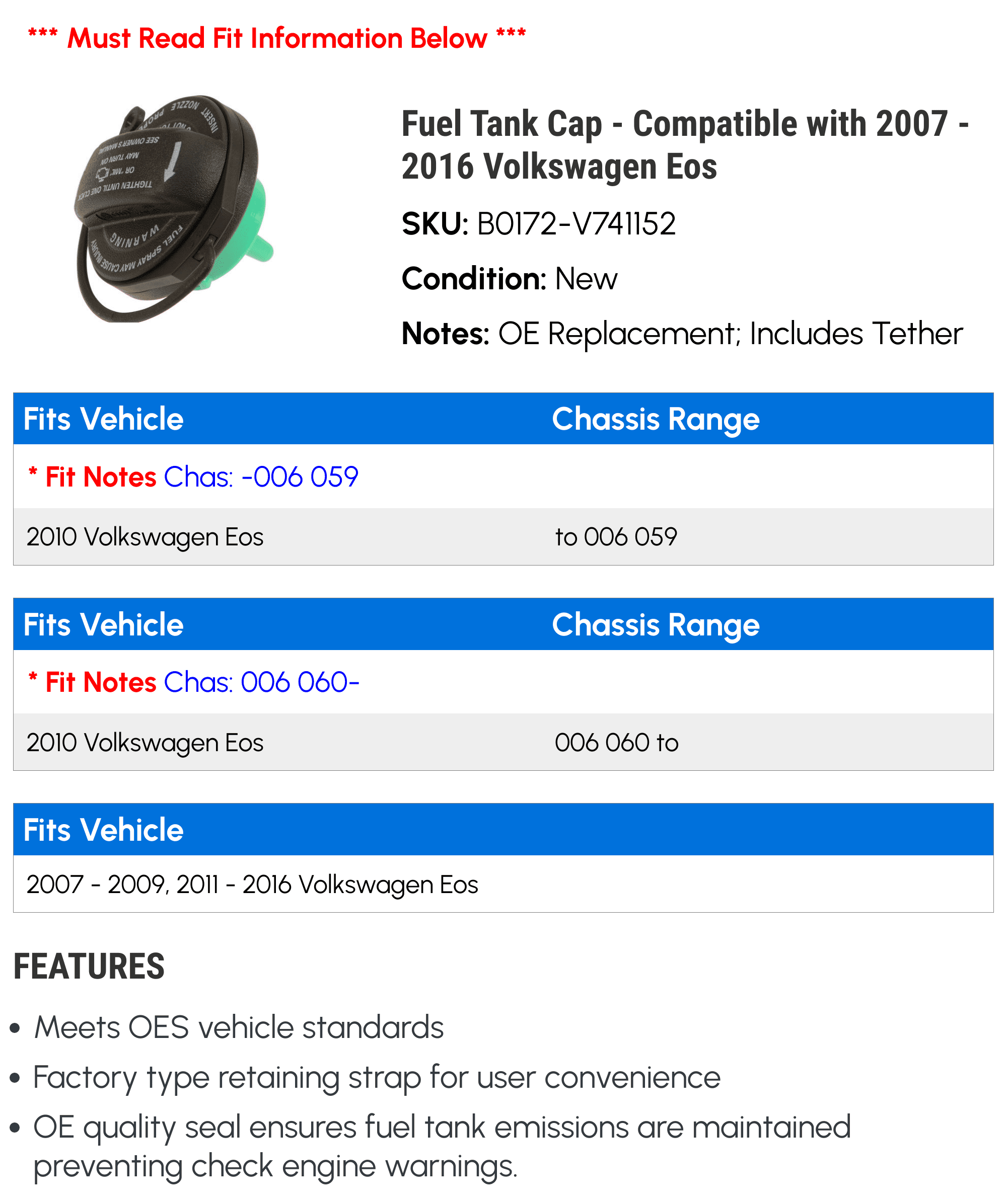 Fuel Tank Cap - Compatible with 2007 - 2016 Volkswagen Eos 2008 2009 2010 2011 2012 2013 2014 2015