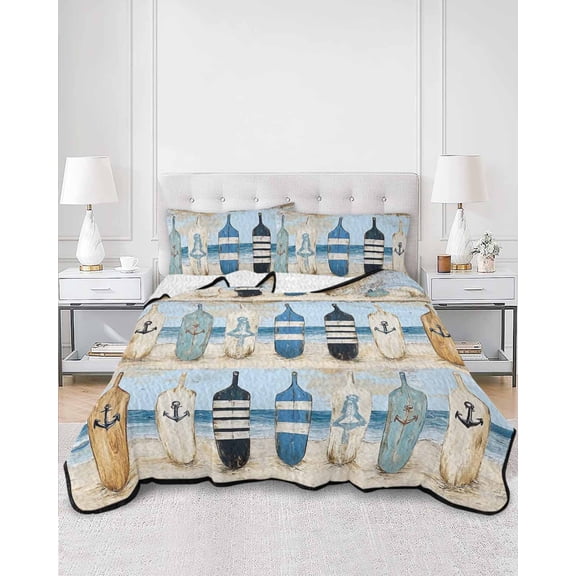 Quilts Full Size, Blue Coastal Soft Comforter Bedding Set for Bed, Ocean Nautical Anchor Wood Barn Beach Lightweight Quilted Bedspread with Pillow Cover(2 Pieces) for All Season, 78x90 Inch