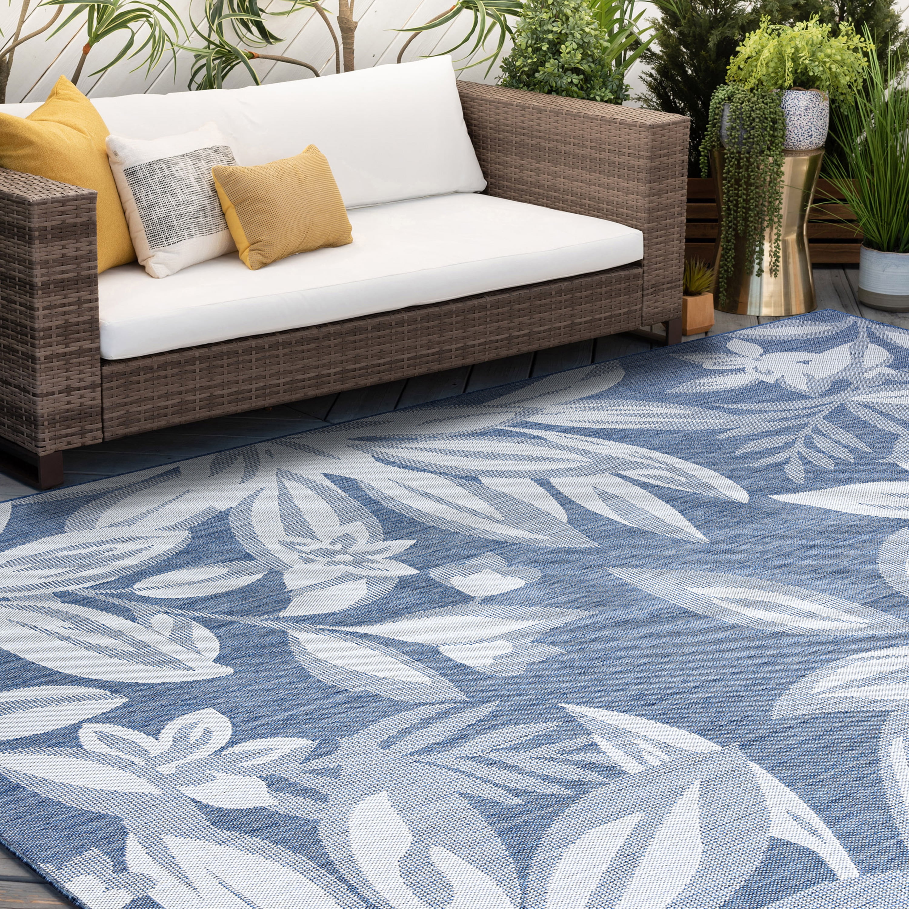 8x10 Water Resistant, Large Indoor Outdoor Rugs for Patios, Front Door Entry, Entryway, Deck, Porch, Balcony | Outside Area Rug for Patio | Blue, Floral | Size: 7'11'' x 10'3''