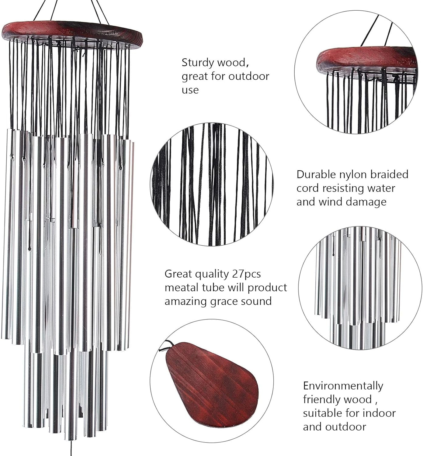 1 set Solid Wood Wind Chimes with Brass Tubes for Home Party Festival Decor Garden yard Decoration with Stainless Steel Swivel Hooks Clips Platinum 66x13.2cm