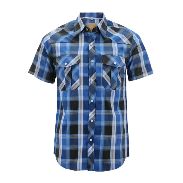 VKWEAR - Men?s Western Short Sleeve Button Down Casual Plaid Pearl Snap ...