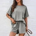 thumbnail image 4 of 2 Piece Outfit Sets for Women Crewneck Short Sleeve Casual Summer Shirt and Shorts Suits Solid Color Lounge Pajamas Set, 4 of 7