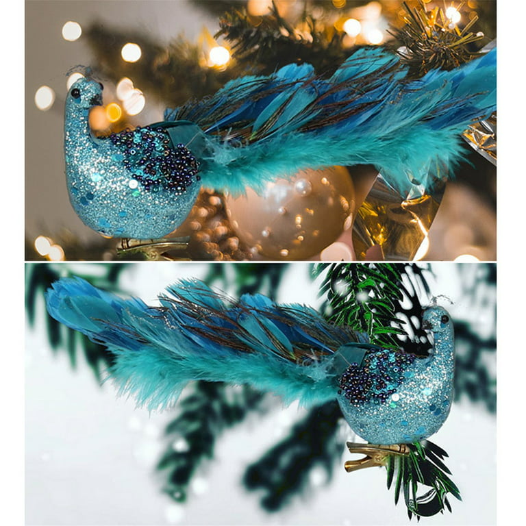 Mubineo 2pcs Faux Peacock Ornaments Glitter Blue Peacock Ornaments  Artificial Peacock Decor with Feather Tail for Christmas Tree