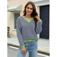 thumbnail image 3 of Women'S Long Sleeve Striped Sweater V Neck Color Block Soft Knit Pullover Trendy Jumper Tops Blue & White XL, 3 of 6