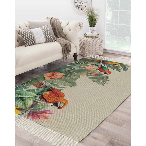 Summer Botanical Large Area Rug 4x6ft Woven Runner Rug,Tropical Plants Birds Farmhouse Washable Living Room Bedroom Kitchen Bathroom Classroom Carpet with Tassels,Indoor Outdoor Throw Door Mat