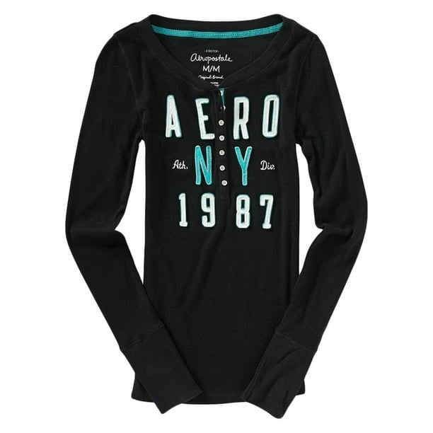 Aeropostale Mujeres Ny Thermal Henley Shirt, Negro, X-Small Aeropostale henley