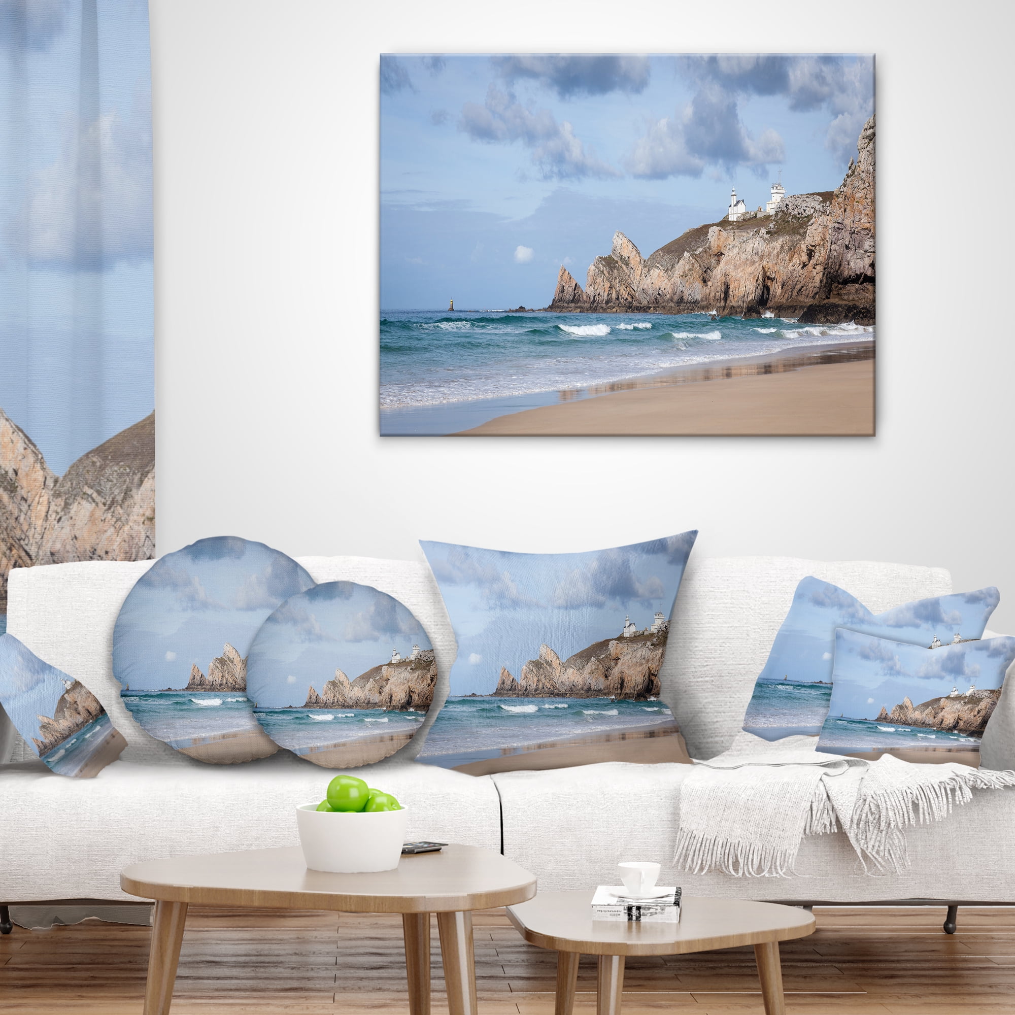 Designart Coastline with Lighthouse Panorama - Seashore Throw Pillow - 18x18
