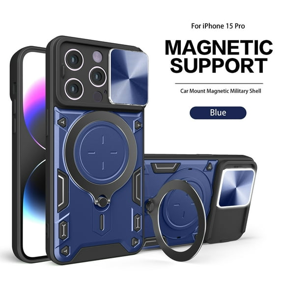 Reiko TPU PC Shockproof Magnetic Phone Case with Free Adjustment Ring Holder for iPhone 15 Pro in Blue