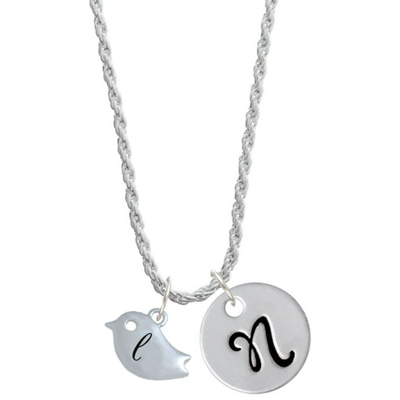 Delight Jewelry Silvertone Little Bird Initial - L - Silvertone Script Initial Disc - N - Charm Necklace, 20"+3"