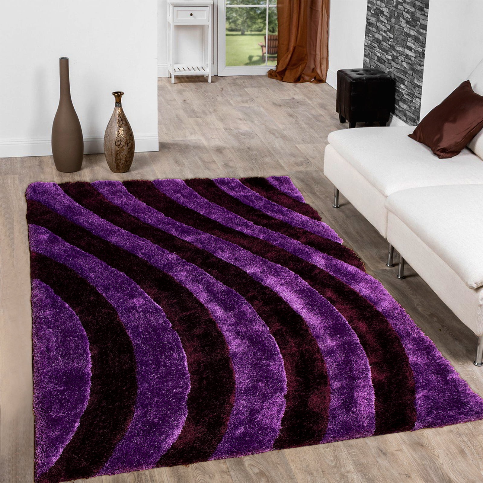 Allstar Purple Shaggy Area Rug with 3D Lines Design. Contemporary